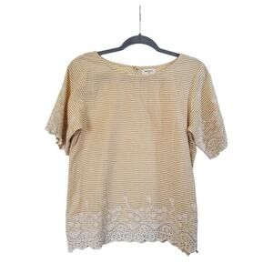 World Market Striped Embroidered Crochet Yellow & White Seersucker Top, Size S/M